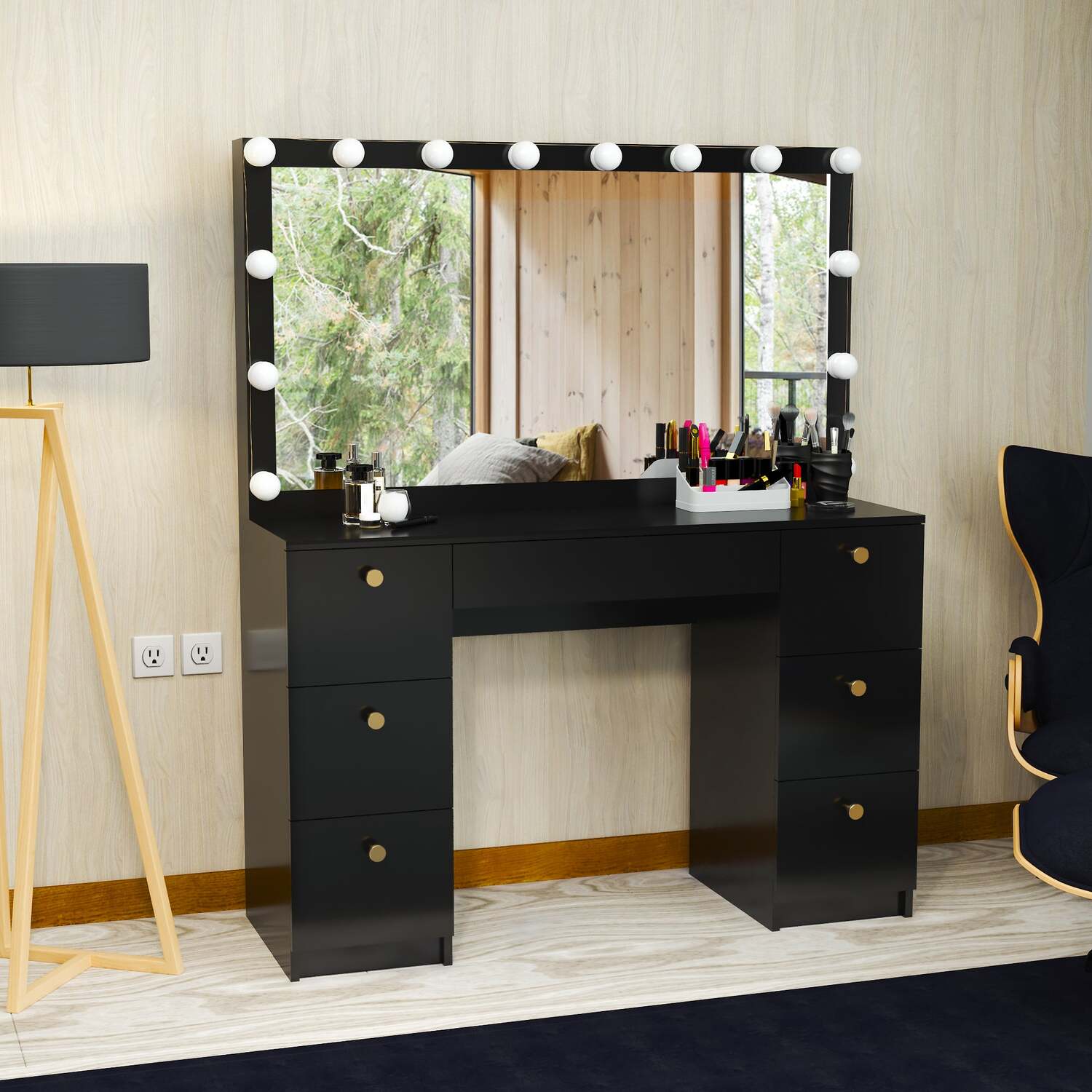 Boahaus Yara Modern Makeup Vanity with Hollywood Light Bulbs AddOn