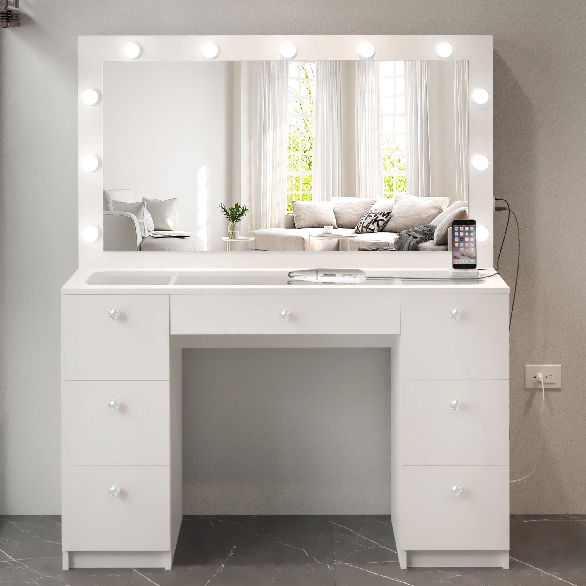 Boahaus Vanity Desk, Mirror, Lights Built-in, 7 Drawers, Glass Top ...