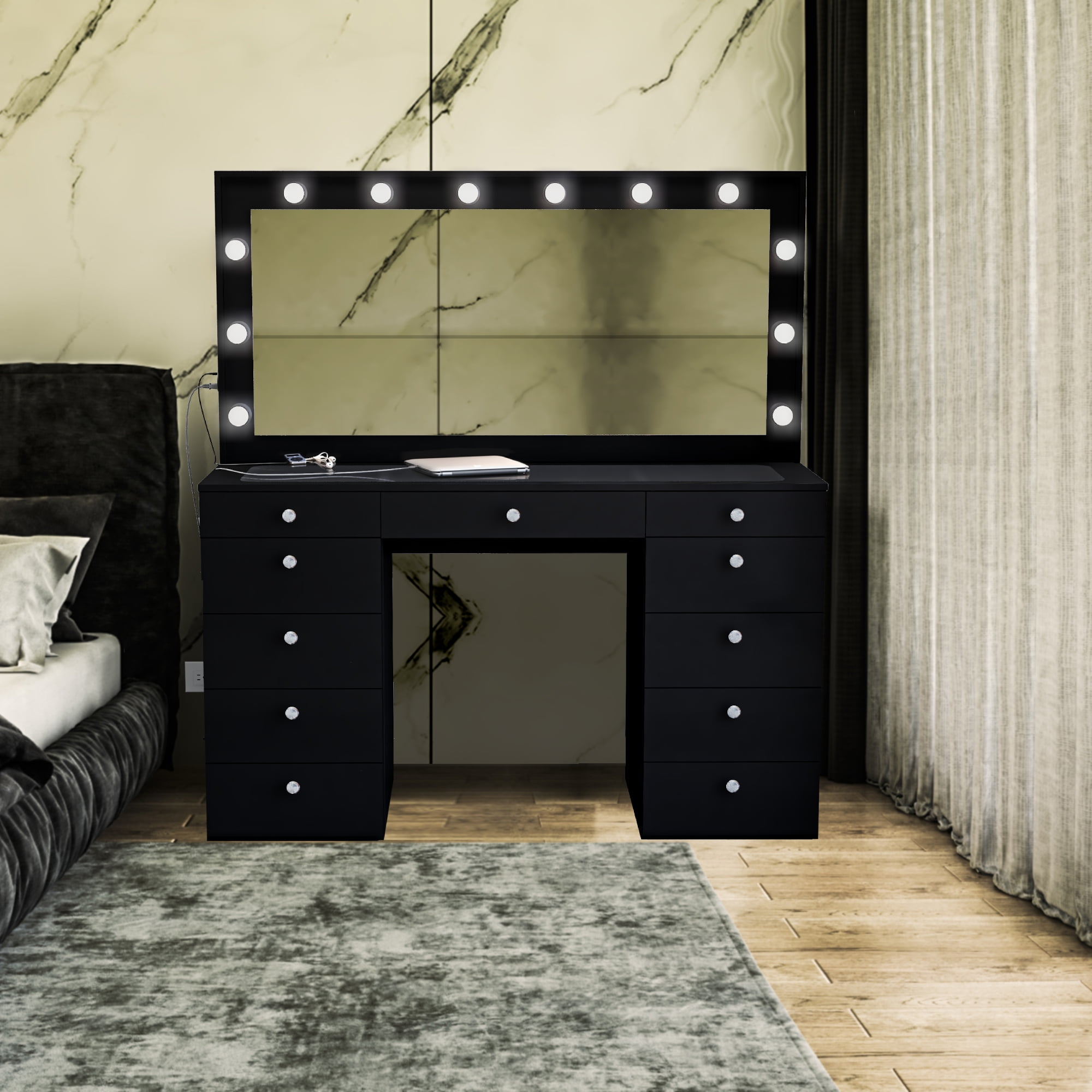 Boahaus Yara Pro Makeup Vanity Table, Modern Black Painted Makeup Desk