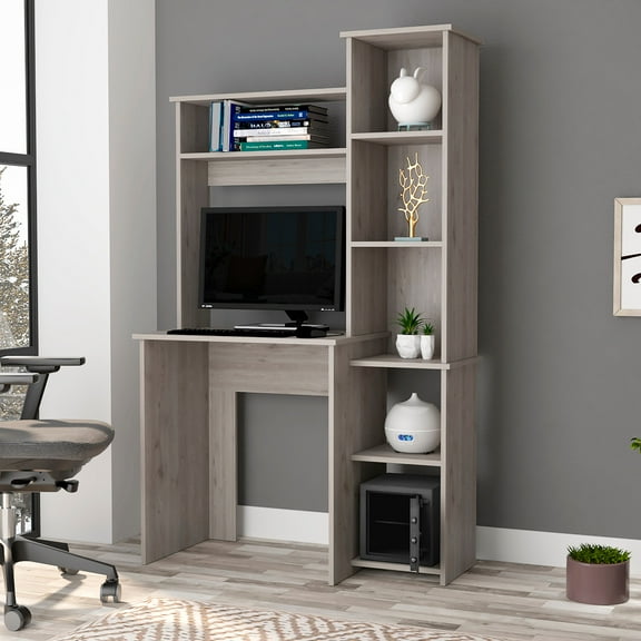 Boahaus Yerevan Modern Computer Desk, 6 Shelves, Light Gray, for Adults and Teens