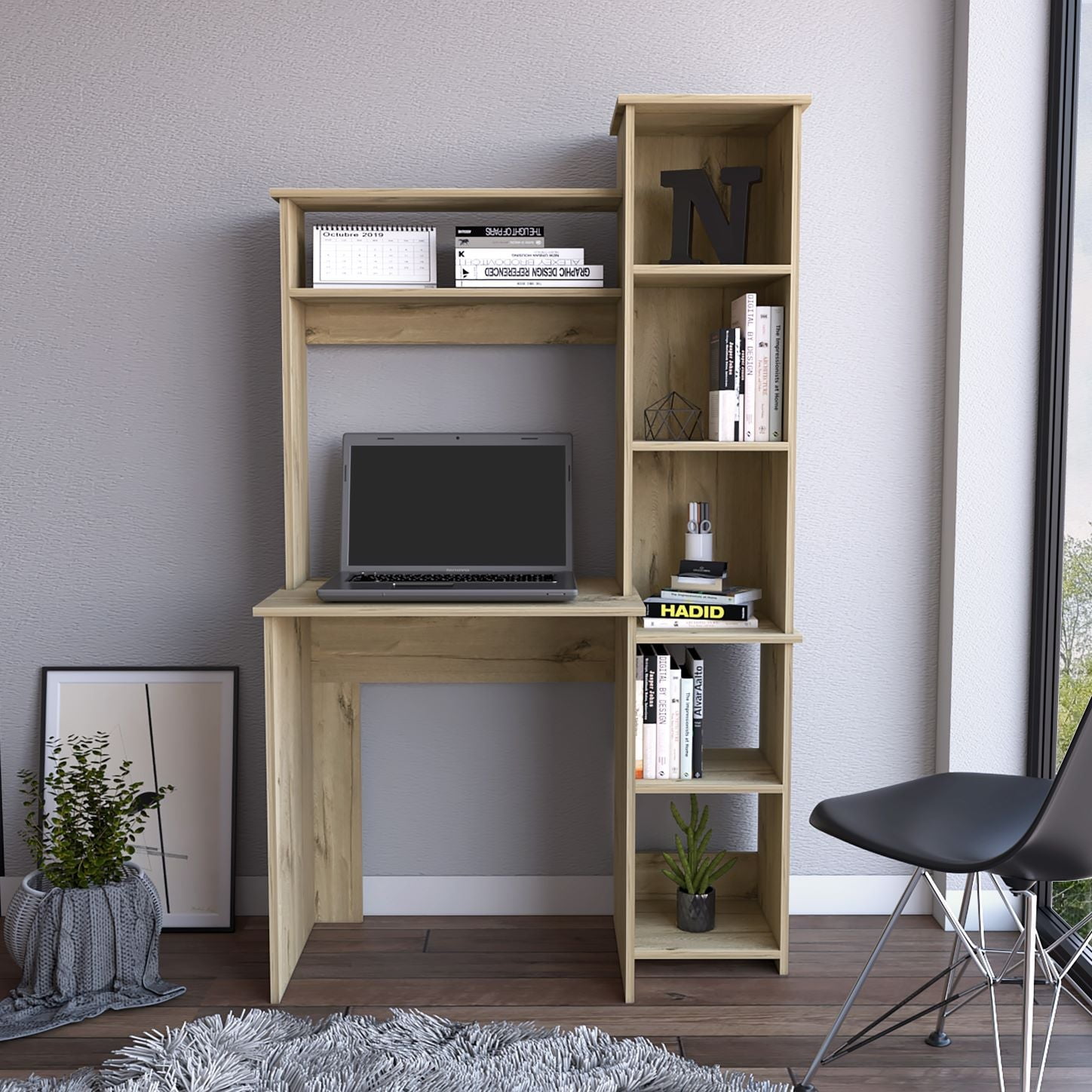 Boahaus Yerevan Modern Computer Desk with 5 Open Shelves, Brown