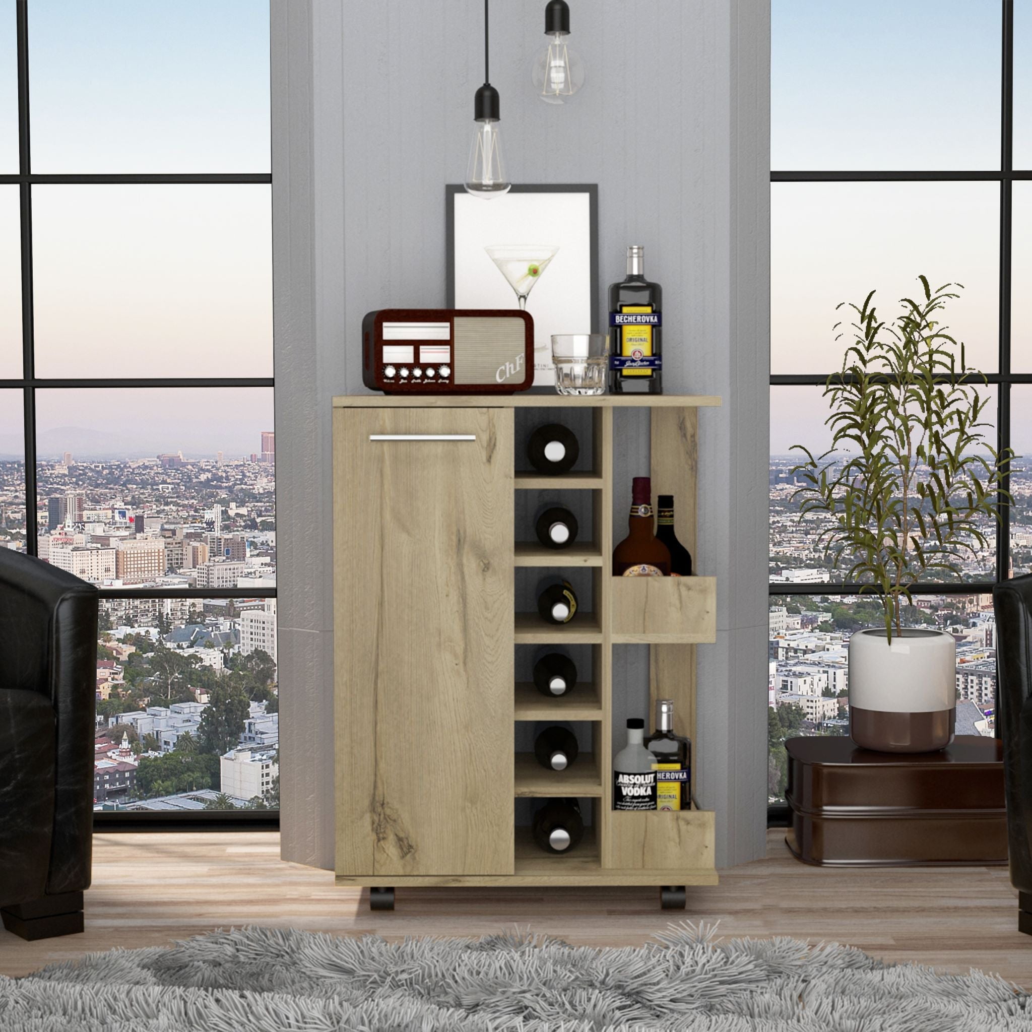 Boahaus Yorkshire Modern Bar Beige Painted with Wine Rack
