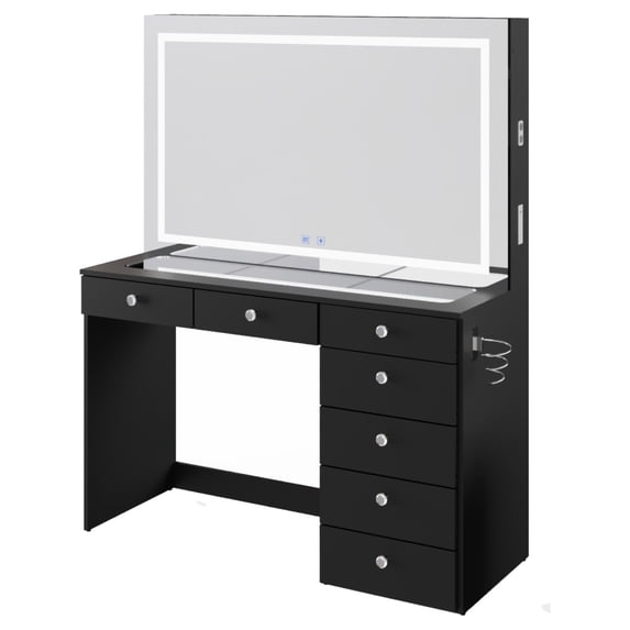 Boahaus Zoe Vanity Set with LED Mirror, Bluetooth Speakers & Large Storage, Black