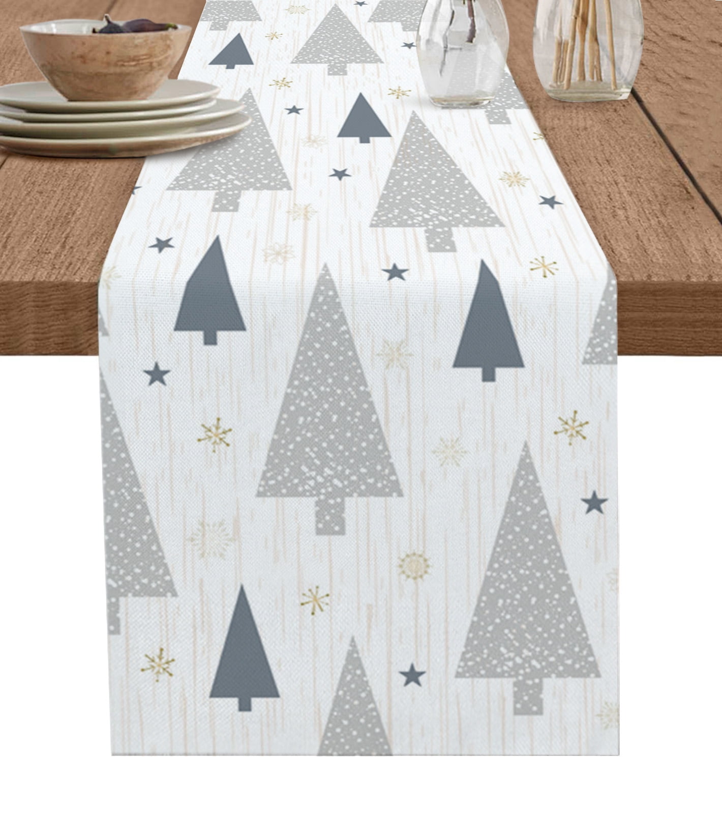 Jbralid Christmas Linen Table Runner, 72 Inch - Xmas Tree Elk Snowflake Red Checkered Farmhouse Holiday Decor