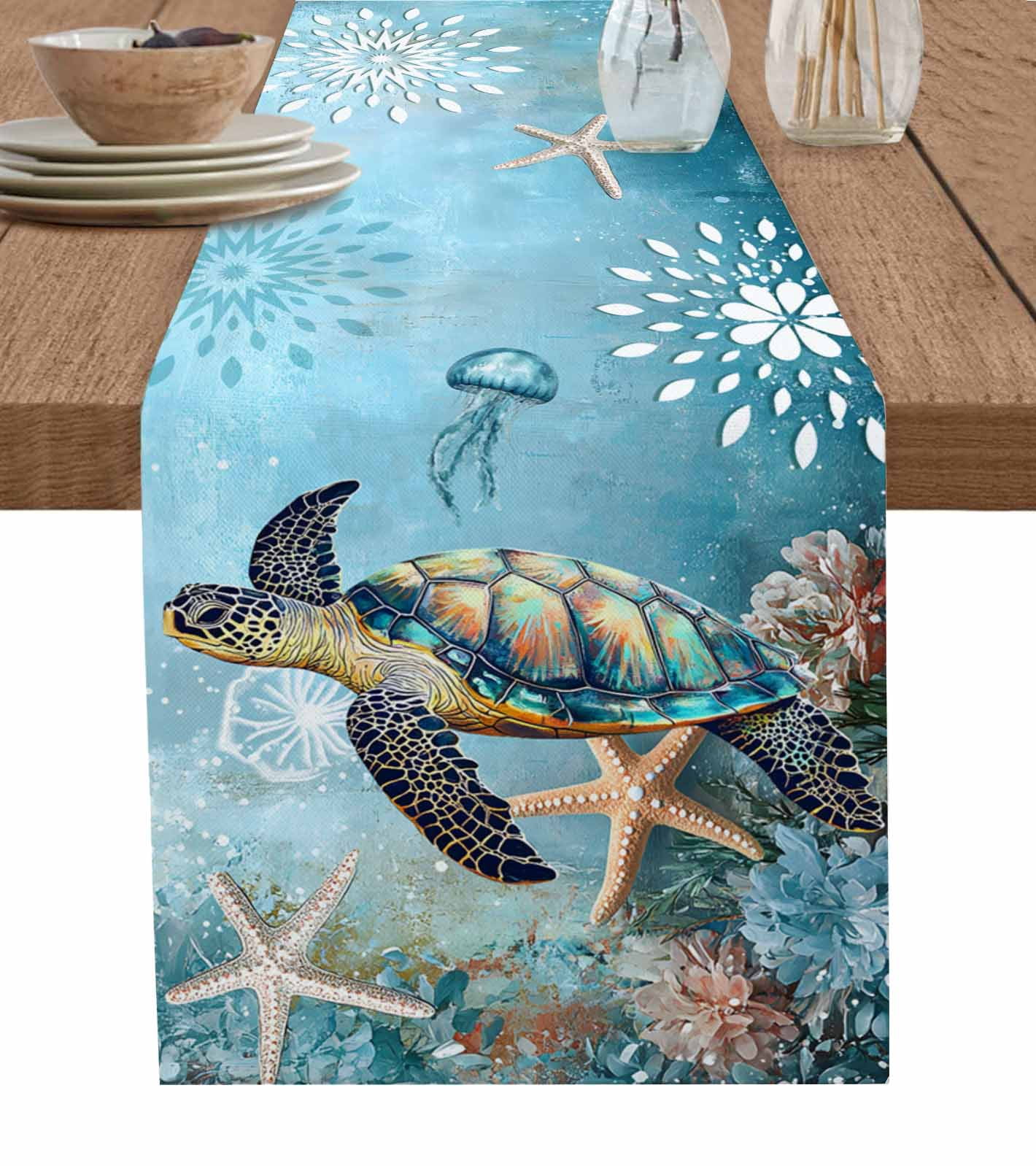 Z&L Home Marine Life Table Runner - Sea Turtle & Whale Burlap Linen Runner, 18x72 Inches, Vintage Kitchen Decor