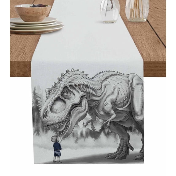 Boanket Dinosaurs Boy Table Runner - 90 Inch Long, Kitchen Dining Table Runner Dresser Scarves, Gray Funny Cartoon Forest Animals Farmhouse Decor for Coffee Tables Wedding Party Banquet