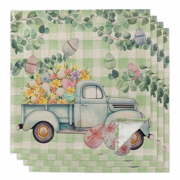Boanket Easter Truck Green, Cloth Napkins Set of 4, Holiday Napkins for Baby Shower, Retro Eucalyptus Leaves Floral Egg Plaid Washable Reusable Dinner Napkins for Cocktail Wedding Party, 20 x 20 Inch