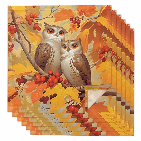 Boanket Fall Owl Cloth Napkins Set of 6, Holiday Napkins for Baby Shower, Orange Maple Leaf Botanical Thanksgiving Washable Reusable Dinner Napkins for Cocktail Wedding Party, 20 x 20 Inch