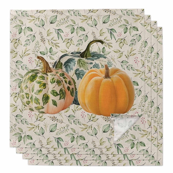 Boanket Fall Thanksgiving Cloth Napkins Set of 4, Holiday Napkins for Baby Shower, Pumpkin Green Botanical Rustic Burlap Washable Reusable Dinner Napkins for Cocktail Wedding Party, 20 x 20 Inch