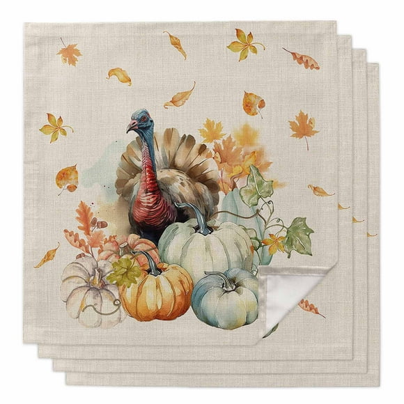 Boanket Fall Thanksgiving Cloth Napkins Set of 4, Holiday Napkins for Baby Shower, Pumpkin Turkey Maple Leaf Rustic Burlap Washable Reusable Dinner Napkins for Cocktail Wedding Party, 20 x 20 Inch