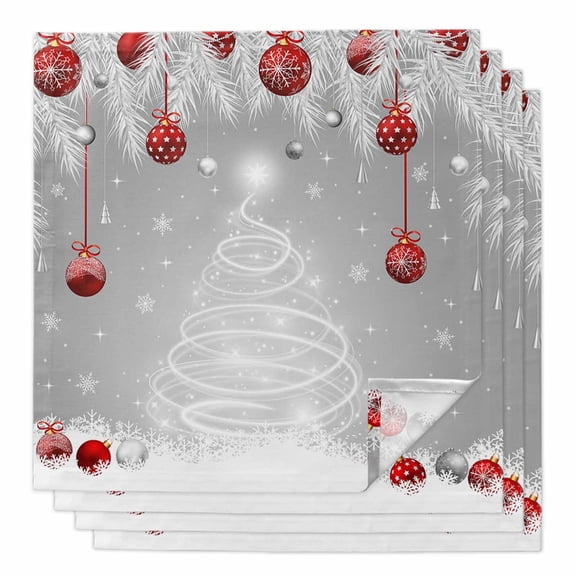 Boanket Gray Red Christmas Cloth Napkins Set of 4, Holiday Napkins for Baby Shower, Snow Xmas Tree Balls Botanical Washable Reusable Dinner Napkins for Cocktail Wedding Party, 20 x 20 Inch