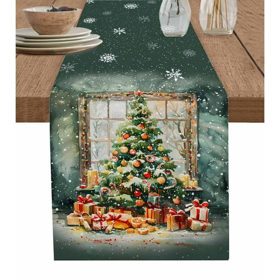 Boanket Green Christmas Tree Table Runner - 120 Inch Long, Kitchen Dining Table Runner Dresser Scarves, Watercolor Xmas Snowflake Farmhouse Home Decor for Coffee Table Wedding Party Banquet