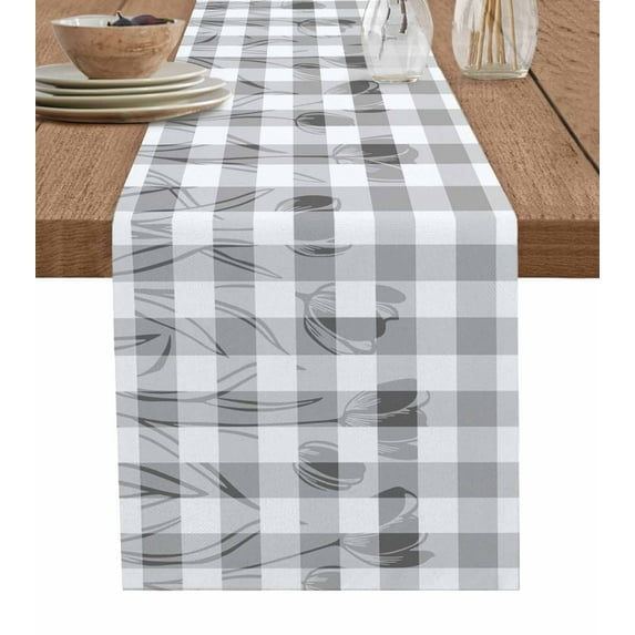 Boanket Grey Flower Table Runner - 72 Inch Long, Kitchen Dining Table Runner Dresser Scarves, Elegant Plaid Floral Lattice Botanical Farmhouse Decor for Coffee Tables Wedding Party Banquet