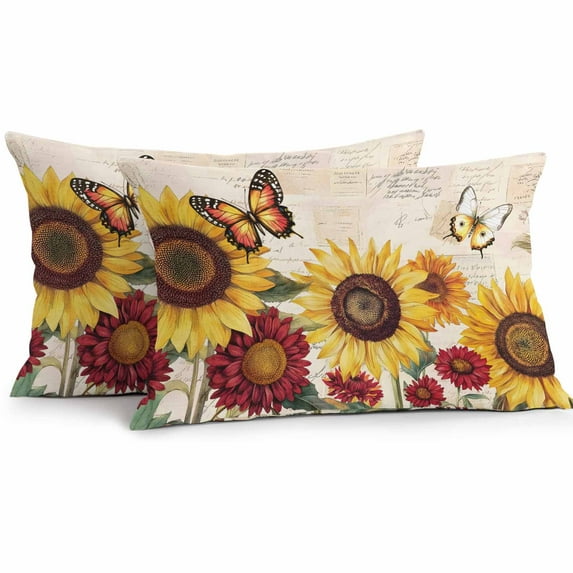 Boanket Lumbar Pillow Covers 12 x 20 Inches, Sunflower Waterproof Throw Pillow Cover Set of 2, Farmhouse Roses Floral Vintage Butterfly Decorative Rectangle Cushion Covers for Patio/Tent/Couch/Garden