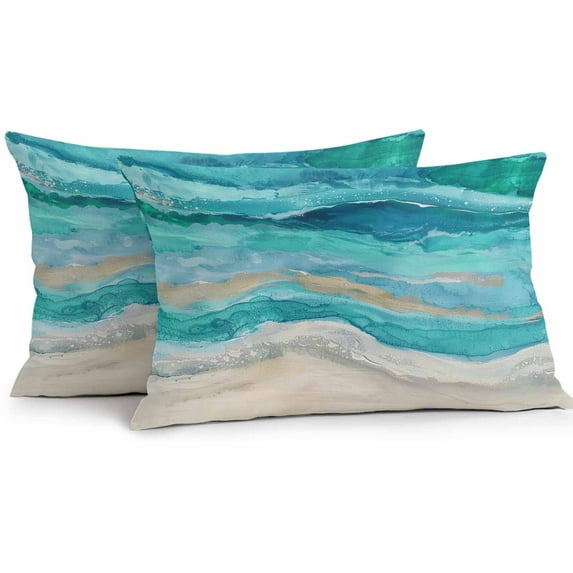 Boanket Lumbar Pillow Covers 12 x 20 Inches, Teal Coastal Waterproof Throw Pillow Cover Set of 2, Summer Beach Nautical Abstract Art Decorative Rectangle Cushion Covers for Patio/Tent/Couch/Garden