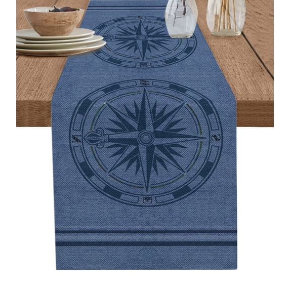 Boanket Nautical Compass Table Runner - 108 Inch Long, Kitchen Dining Table Runner Dresser Scarves, Navy Blue Striped Coastal Compass Farmhouse Home Decor for Coffee Table Wedding Party Banquet
