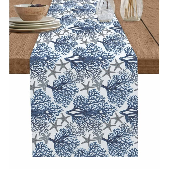 Boanket Navy Blue Coral Coastal Table Runner - 36 Inch Long, Kitchen Dining Table Runner Dresser Scarves, Summer Beach Starfish Nautical Farmhouse Decor for Coffee Tables Wedding Party Banquet
