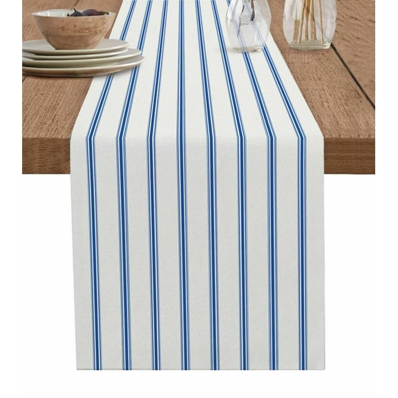 Boanket Navy Blue Striped Table Runner - 48 Inch Long, Kitchen Dining Table Runner Dresser Scarves, Rustic Blue Stripe Modern Art Beige Farmhouse Decor for Coffee Tables Wedding Party Banquet