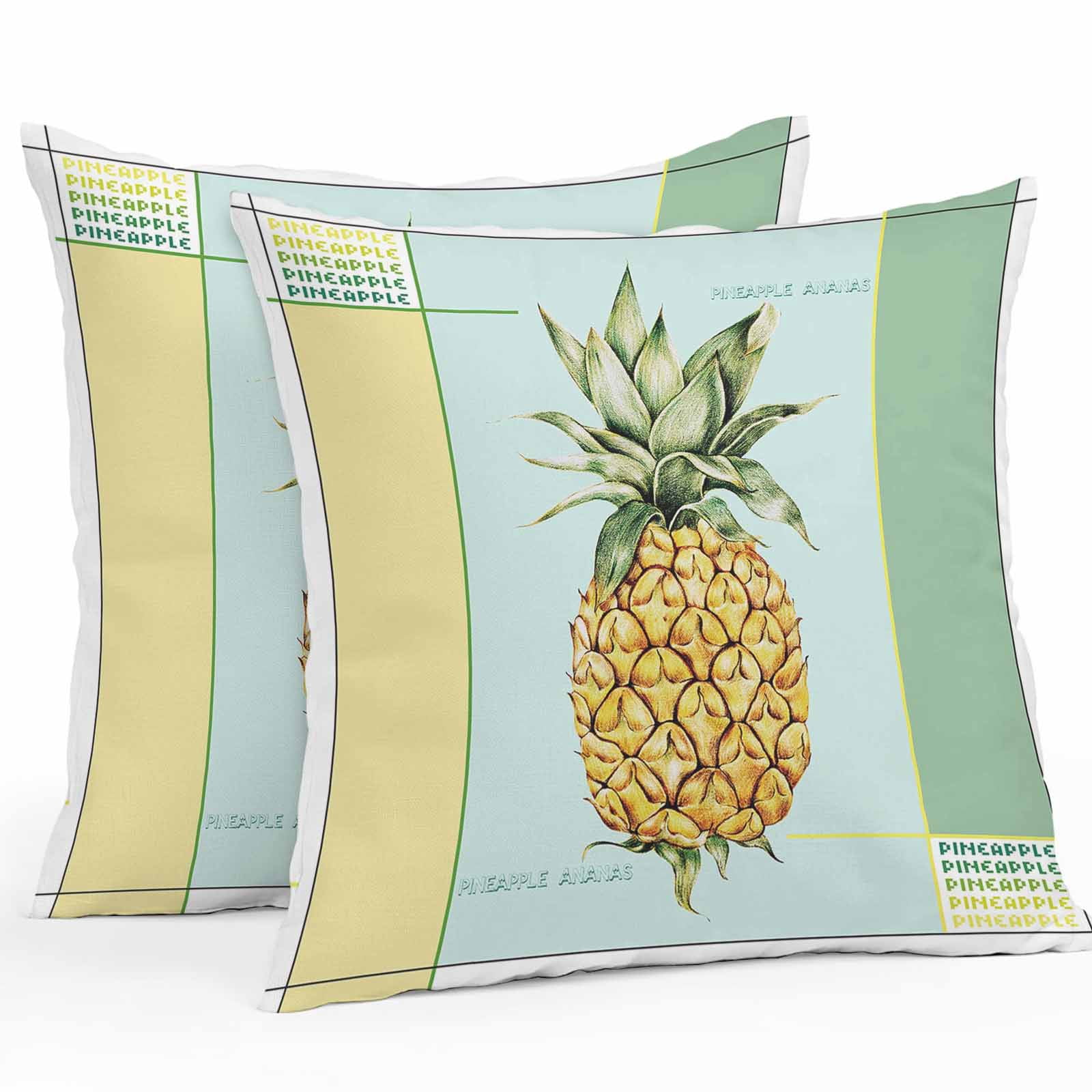 Boanket Outdoor Pillow Covers 16 x 16 Inches, Summer Pineapple Waterproof Throw Pillow Cover Set of 2, Yellow Blue Green Striped Geometric Decorative Square Cushion Covers for Patio/Tent/Couch/Garden