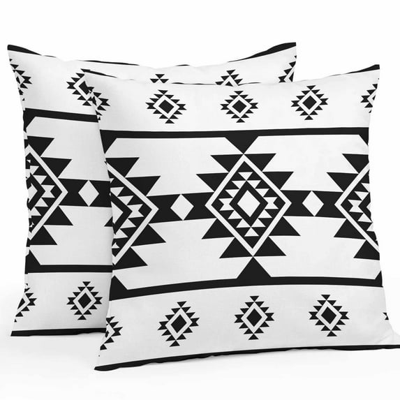 Boanket Outdoor Pillow Covers 16 x 16 Inches, White Black Boho Waterproof Throw Pillow Cover Set of 2, Southwest Ethnic Abstract Geometric Decorative Square Cushion Covers for Patio/Tent/Couch/Garden