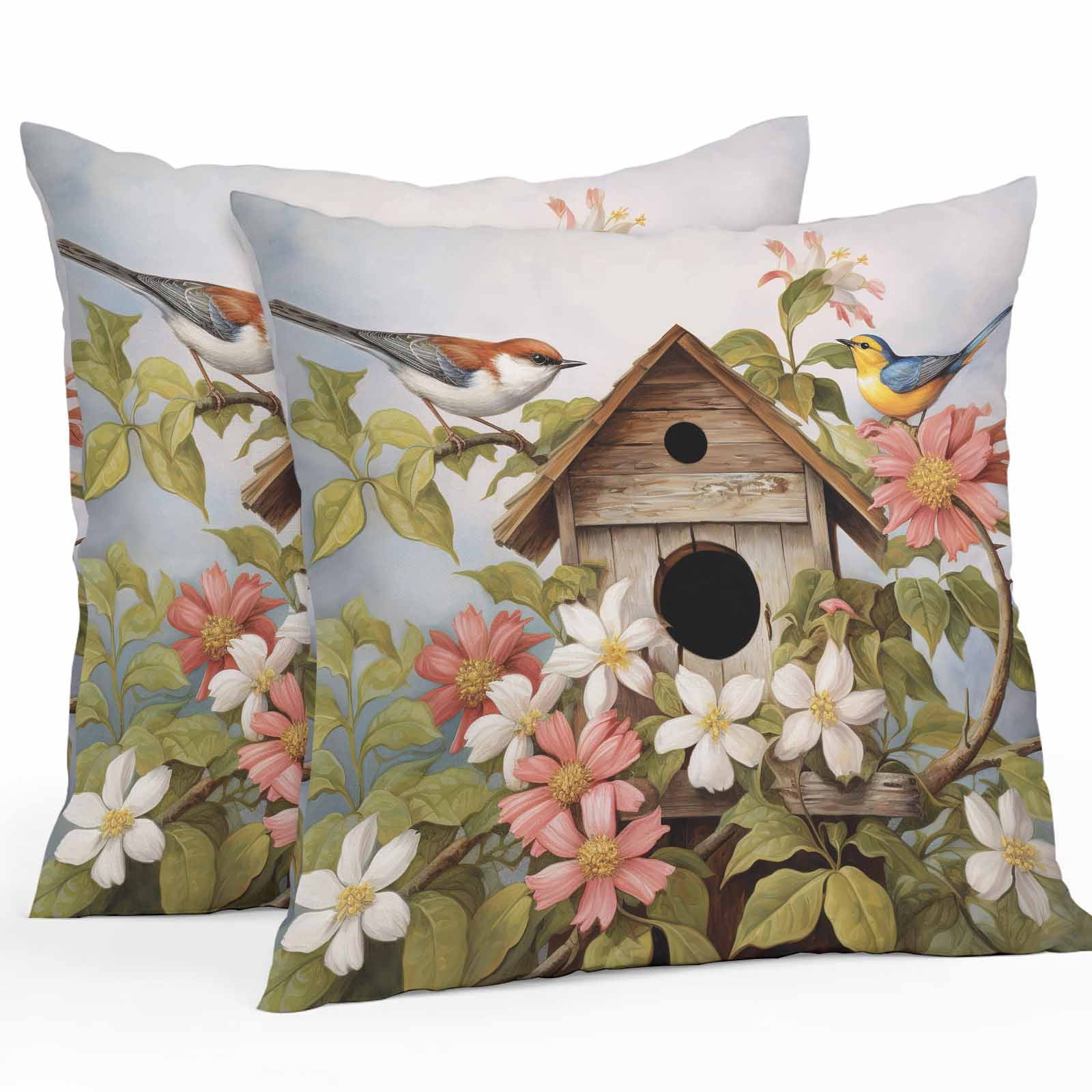 Boanket Outdoor Pillow Covers 24 x 24 Inches, Birdhouse, Waterproof Throw Pillow Cover Set of 2, Farmhouse Leaves Country Vintage Animal Decorative Square Cushion Covers for Patio/Tent/Couch/Garden