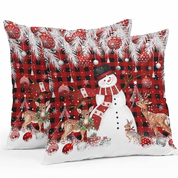 Boanket Outdoor Pillow Covers 24 x 24 Inches, Red Christmas Plaid Waterproof Throw Pillow Cover Set of 2, Snowman Elk Balls Snowflake Xmas Decorative Square Cushion Covers for Patio/Tent/Couch/Garden