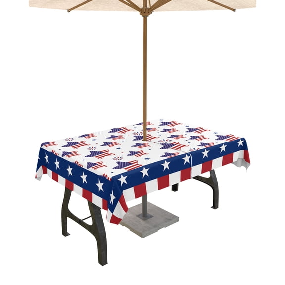 Boanket Outdoor Tablecloth with Umbrella Hole for Patio/Picnic/Party/Camping, 4th of July Waterproof Table Cloth Rectangle Table Cover Washable, American Flag Star Red White Line 60"x 120"
