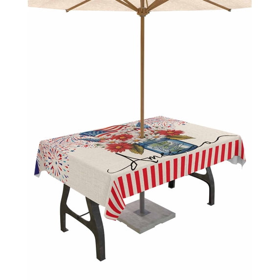 Boanket Outdoor Tablecloth with Umbrella Hole for Patio/Picnic/Party/Camping, 4th of July Waterproof Table Cloth Rectangle Table Cover Washable, Independence Day Floral Fireworks Rustic (60"x 84")