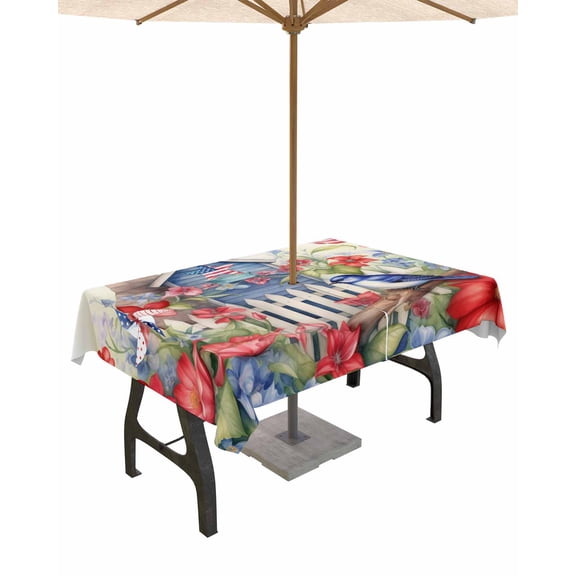 Boanket Outdoor Tablecloth with Umbrella Hole for Patio/Picnic/Party/Camping, 4th of July Waterproof Table Cloth Rectangle Table Cover Washable, Independence Day Floral Birds American Flag (52"x 70")