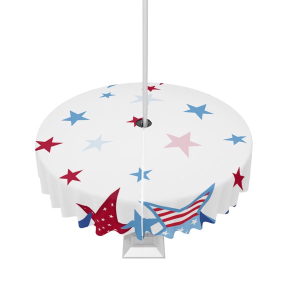 Boanket Outdoor Tablecloth with Umbrella Hole for Patio/Picnic/Party/Camping, 4th of July Waterproof Table Cloth Round Cover Washable, Patriotic Independence Day Blue Red Star Dia 54"