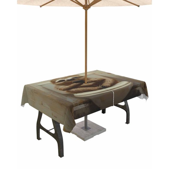 Boanket Outdoor Tablecloth with Umbrella Hole for Patio/Picnic/Party/Camping, Bathroom Sloth Waterproof Table Cloth Rectangle Table Cover Washable, Toilet Animals Vintage (52"x 70")