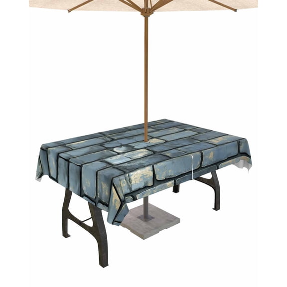Boanket Outdoor Tablecloth with Umbrella Hole for Patio/Picnic/Party/Camping, Blue Brick Wall Waterproof Table Cloth Rectangle Table Cover Washable, Retro Traditional Shabby Chic Tile (52"x 70")
