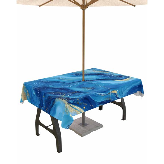 Boanket Outdoor Tablecloth with Umbrella Hole for Patio/Picnic/Party/Camping, Blue Marble Waterproof Table Cloth Rectangle Table Cover Washable, Modern Ombre Abstract Art (52"x 70")