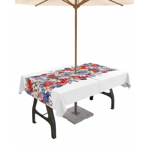 Boanket Outdoor Tablecloth with Umbrella Hole for Patio/Picnic/Party/Camping, Blue Red 4th of July Waterproof Table Cloth Rectangle Table Cover Washable, Independence Day Flowers Red Blue 60"x 120"