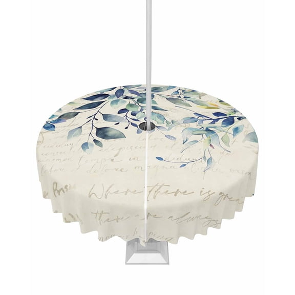 Boanket Outdoor Tablecloth with Umbrella Hole for Patio/Picnic/Party/Camping, Blue Teal Eucalyptus Leaves Waterproof Table Cloth Round Cover Washable, Watercolor Vintage Botanical (Dia 54")