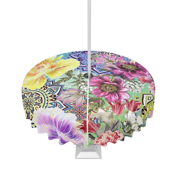 Boanket Outdoor Tablecloth with Umbrella Hole for Patio/Picnic/Party/Camping, Bohemian Mandala, Waterproof Table Cloth Round Cover Washable, Vintage Colorful Boho Floral Chic Ethnic Dia 54"