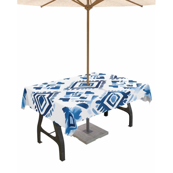 Boanket Outdoor Tablecloth with Umbrella Hole for Patio/Picnic/Party/Camping, Boho Blue Waterproof Table Cloth Rectangle Table Cover Washable, Traditional Aztec Ethnic Geometric Morocco (54"x 80")