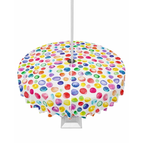 Boanket Outdoor Tablecloth with Umbrella Hole for Patio/Picnic/Party/Camping, Boho Rainbow Waterproof Table Cloth Round Cover Washable, Colorful Dots Yellow Blue Red Watercolor (Dia 54")