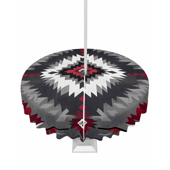 Boanket Outdoor Tablecloth with Umbrella Hole for Patio/Picnic/Party/Camping, Boho Red Grey Waterproof Table Cloth Round Cover Washable, Geometric Southwestern Retro Ethnic (Dia 54")