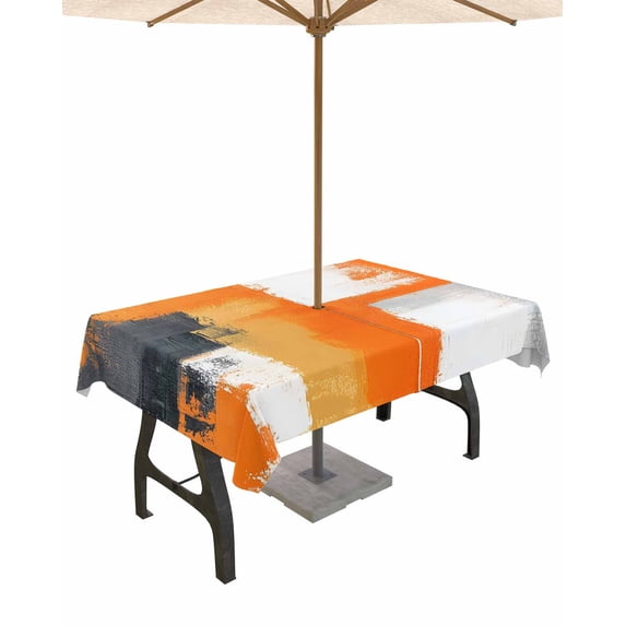 Boanket Outdoor Tablecloth with Umbrella Hole for Patio/Picnic/Party/Camping, Burnt Orange Grey Waterproof Table Cloth Rectangle Table Cover Washable, Modern Oil Painted Art Abstract 52"x 70"
