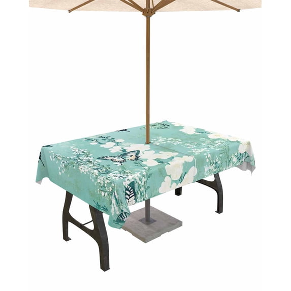 Boanket Outdoor Tablecloth with Umbrella Hole for Patio/Picnic/Party/Camping, Butterfly Flower Waterproof Table Cloth Rectangle Table Cover Washable, Retro Green Botanical Plant Leaves (60"x 102")