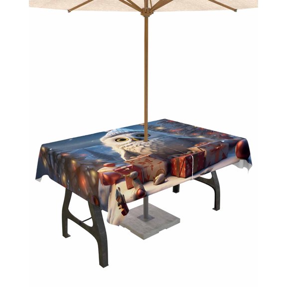 Boanket Outdoor Tablecloth with Umbrella Hole for Patio/Picnic/Party/Camping, Christmas Owl Waterproof Table Cloth Rectangle Table Cover Washable, Xmas Tree Blue Christmas Balls (52"x 70")