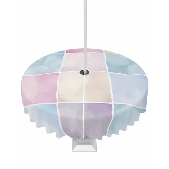 Boanket Outdoor Tablecloth with Umbrella Hole for Patio/Picnic/Party/Camping, Colorful Plaid Waterproof Table Cloth Round Cover Washable, Geometric Gingham Lattice Patchwork (Dia 54")