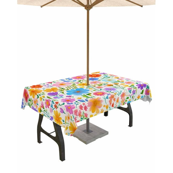 Boanket Outdoor Tablecloth with Umbrella Hole for Patio/Picnic/Party/Camping, Colorful Spring Floral Waterproof Table Cloth Rectangle Table Cover Washable, Summer Watercolor Botanical (52"x 70")