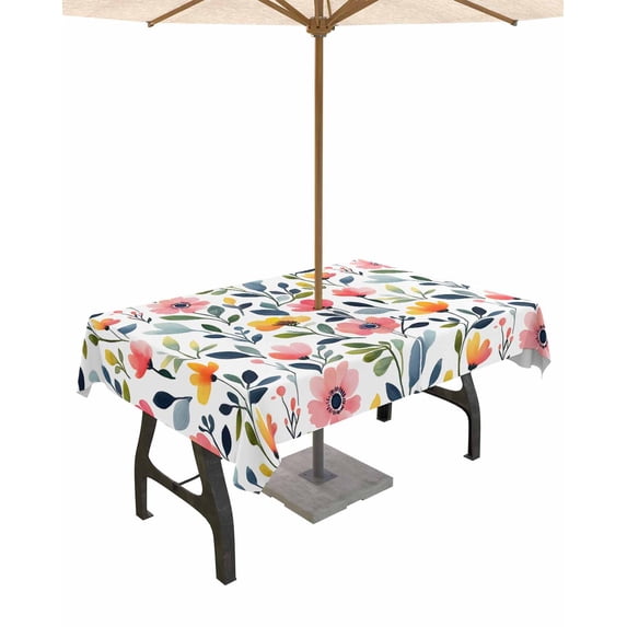 Boanket Outdoor Tablecloth with Umbrella Hole for Patio/Picnic/Party/Camping, Colorful Spring Floral Waterproof Table Cloth Rectangle Table Cover Washable, Watercolor Botanical (52"x 70")