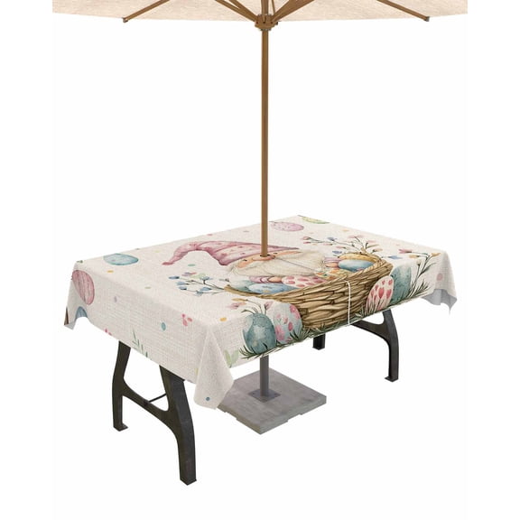 Boanket Outdoor Tablecloth with Umbrella Hole for Patio/Picnic/Party/Camping, Easter Gnomes Waterproof Table Cloth Rectangle Table Cover Washable, Vintage Spring Flowers Egg Tree Branch (52"x 70")