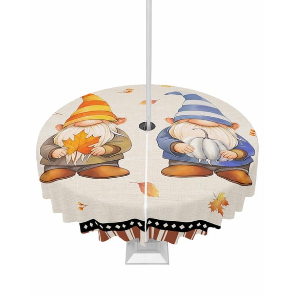 Boanket Outdoor Tablecloth with Umbrella Hole for Patio/Picnic/Party/Camping, Fall Gnomes Waterproof Table Cloth Round Cover Washable, Brown Striped Maple Leaf Botanical (Dia 54")