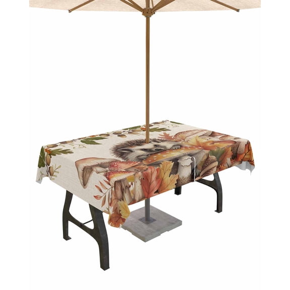 Boanket Outdoor Tablecloth with Umbrella Hole for Patio/Picnic/Party/Camping, Fall Mushroom Hedgehog Waterproof Table Cloth Rectangle Table Cover Washable, Thanksgiving Rustic (52"x 70")