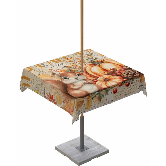 Boanket Outdoor Tablecloth with Umbrella Hole for Patio/Picnic/Party/Camping, Fall Squirrel Pumpkins Waterproof Table Cloth Square Cover Washable, Retro Maple Leaf Thanksgiving (60"x 60")