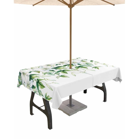Boanket Outdoor Tablecloth with Umbrella Hole for Patio/Picnic/Party/Camping, Green Spring Floral Waterproof Table Cloth Rectangle Table Cover Washable, Summer Botanical Elegant (60"x 120")